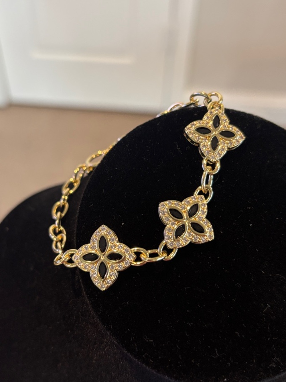 Gold Floral Link Bracelet with Pave Crystals - Women Jewelry